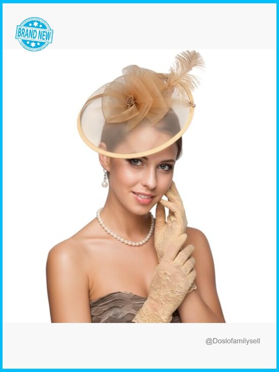 Vintage Tea Party Fascinator Hat with Gloves Pearl Necklace Earrings Set main image 2